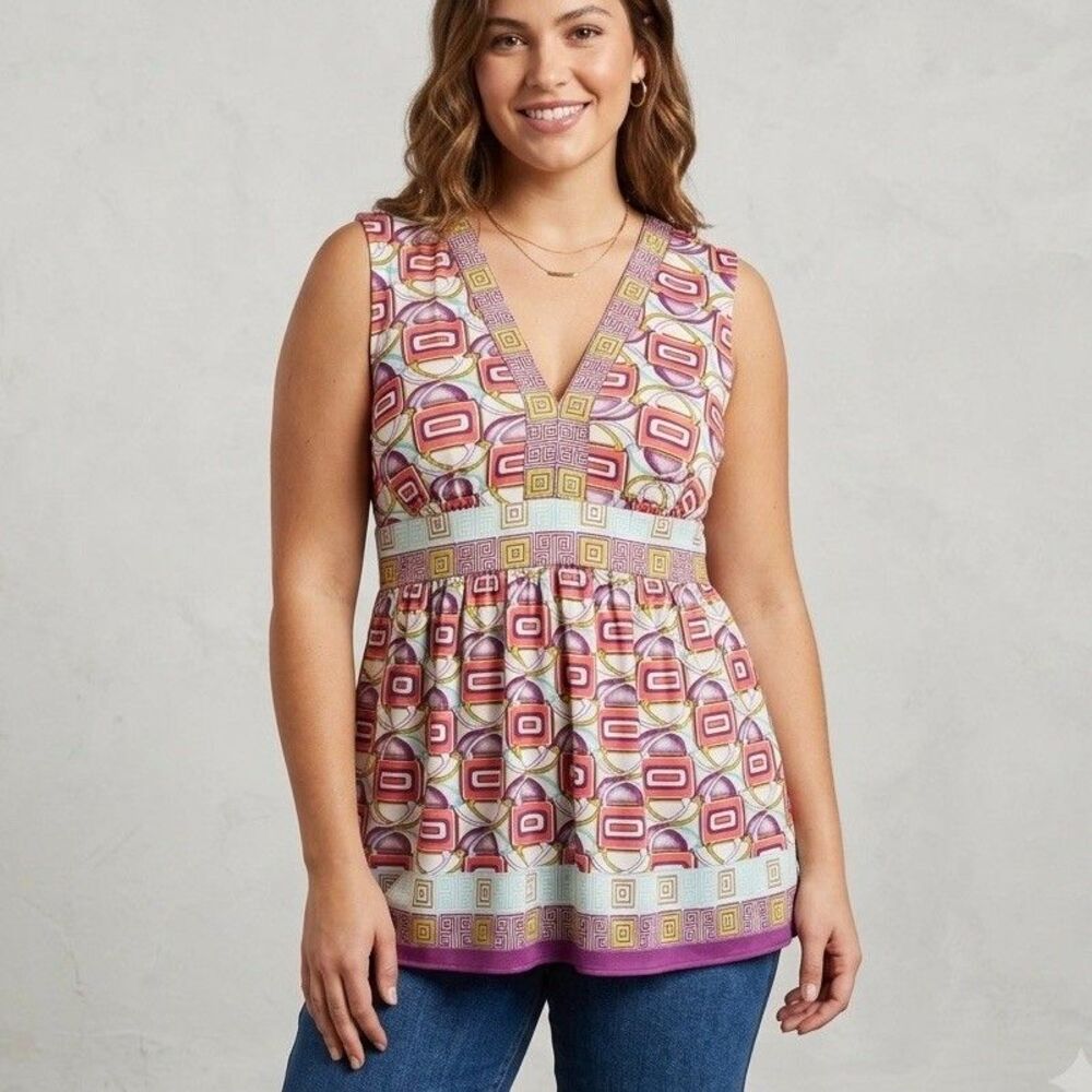 Nicole Miller Y2K Retro Geometric Empire Waist Tunic Top Size 16 V-Neck Tie Back